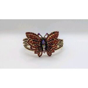 Red Rhinestone Butterfly Cuff Bracelet Vintage Antique Gold Tone Hinged Bangle